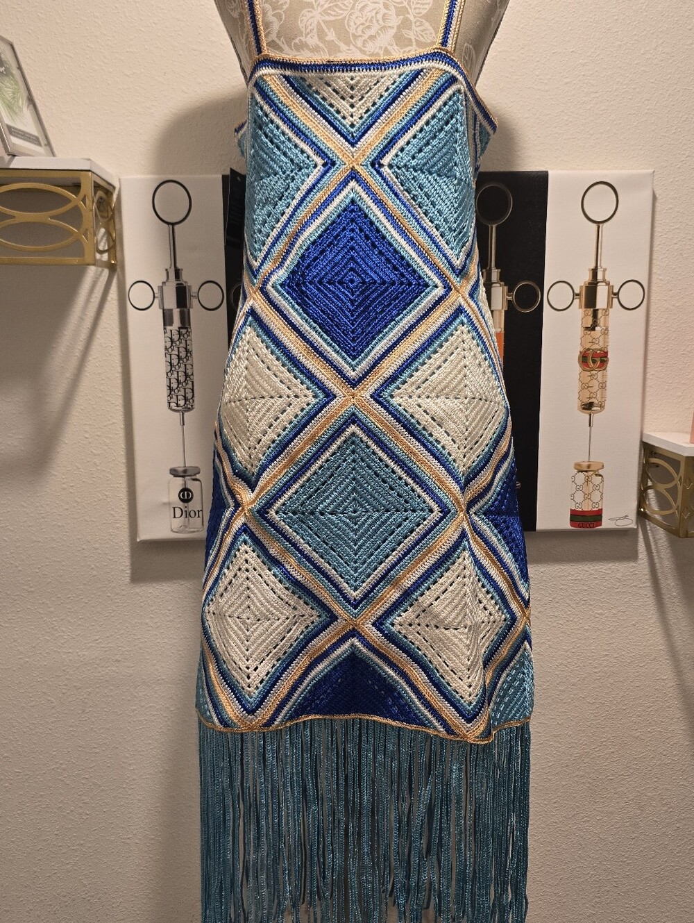 Boston Proper Midi Blue & Cream Crochet Dress with Fringe - Picture 7 of 13